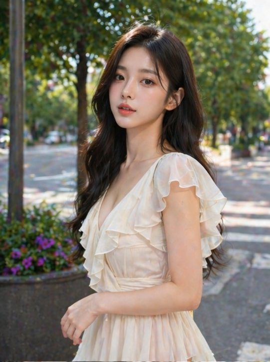 A beautiful AI-generated woman with long dark wavy hair wears a cream ruffled dress, standing outdoors with trees and foliage in the background.
