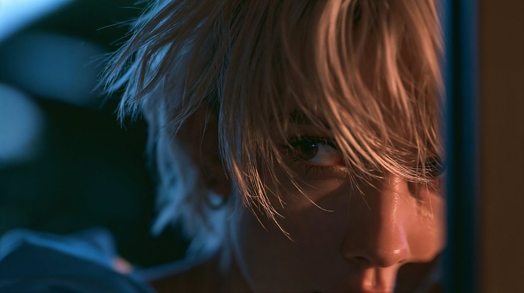A close-up, cinematic portrait of a person with short blonde hair, with one eye visible through the hair, illuminated by dramatic lighting.