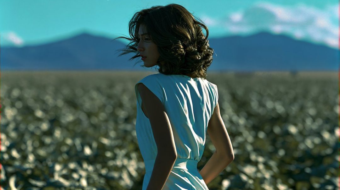 A woman with brown curly hair in a light blue dress stands in a field, looking over her shoulder with mountains in the background.
