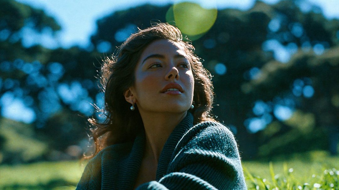 A beautiful woman with long brown curly hair and a green knit sweater looks up thoughtfully in an outdoor garden setting with bokeh background.