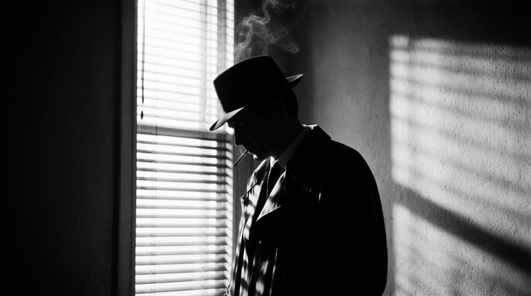 A black and white photorealistic image of a man in a fedora and trench coat, smoking a cigarette by a window with blinds, evoking a film noir aesthetic.