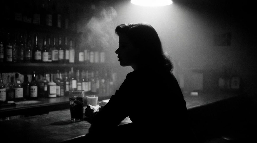 A black and white photorealistic image of a woman in silhouette sitting at a bar, with a drink in front of her, under a spotlight.