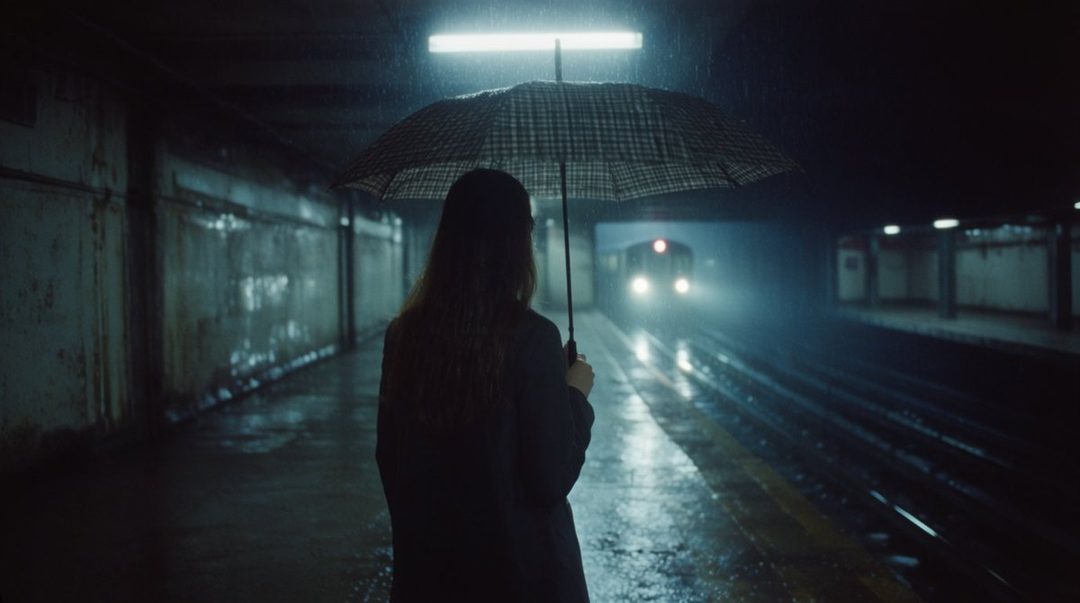 A person with an umbrella stands on a dark, rainy train platform as a train approaches in the distance.