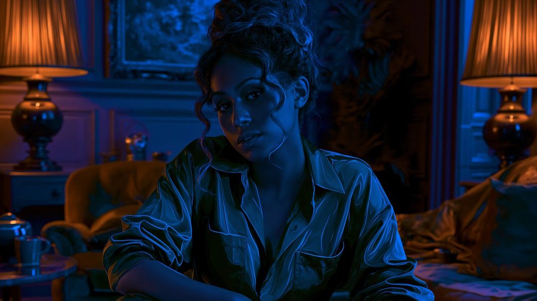 A woman with curly brown hair in a bun wears a blue satin blouse in a dimly lit room with lamps.