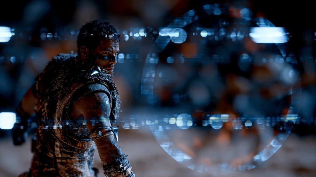 A photorealistic portrait of a man with face paint and fur clothing, looking over his shoulder with a futuristic, glitchy blue overlay.