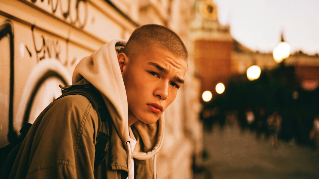 A young man with a buzz cut and nose ring looks directly at the camera, wearing a hoodie and jacket on a street with graffiti and blurred lights in the background.