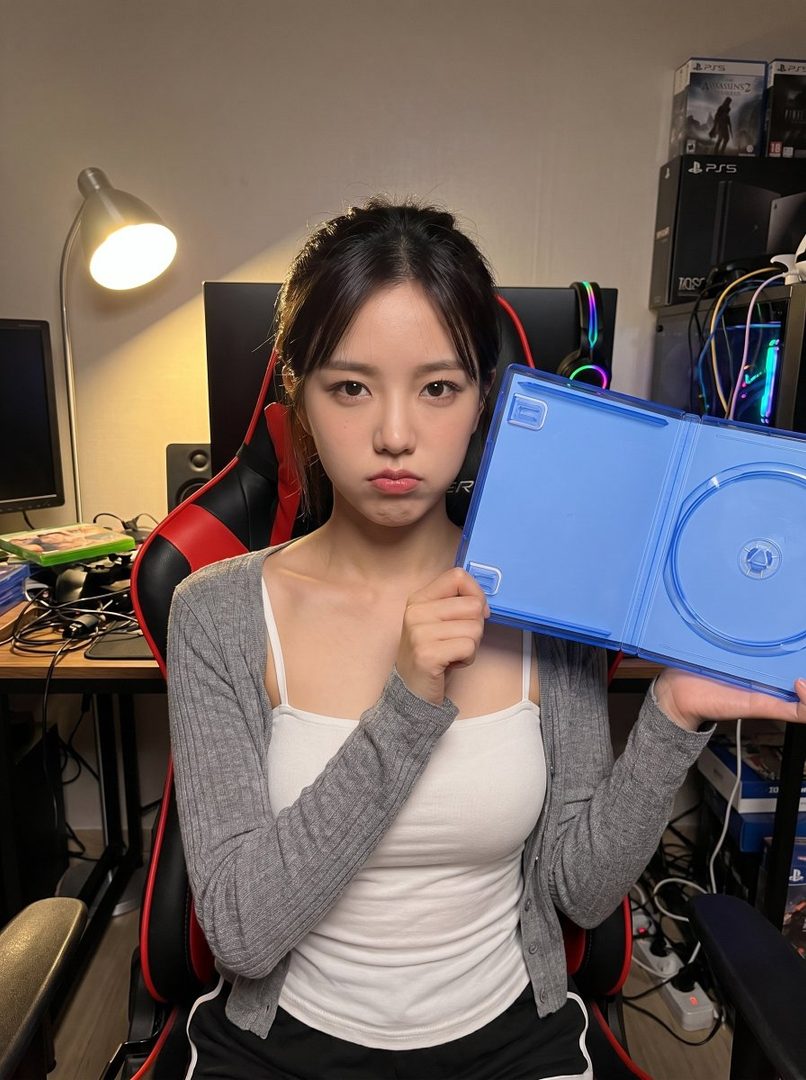 A young woman with brown hair and a white tank top holds an empty game case, making a pouting face while sitting in a gaming chair.