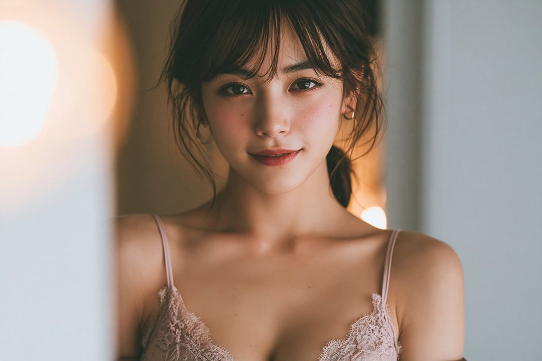 A photorealistic portrait of a young East Asian woman with brown hair and bangs, wearing a light pink lace top, looking directly at the viewer.