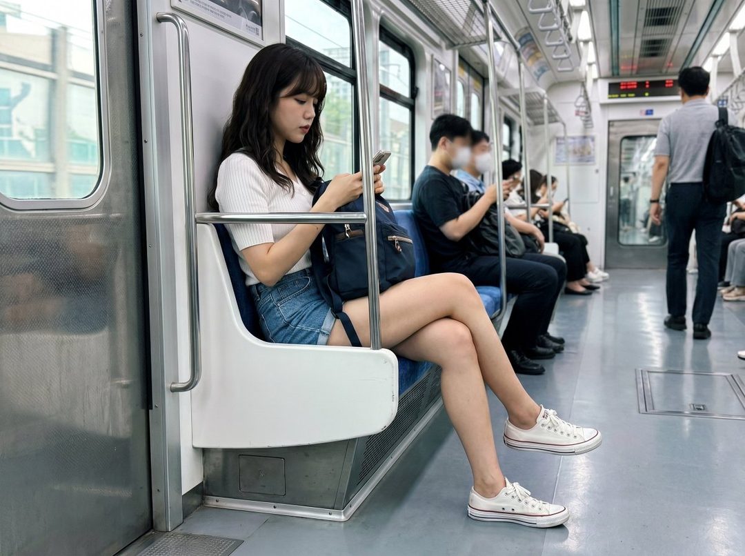 A young woman with long black hair and bangs, wearing a white top and denim shorts, sits on a train and looks at her phone.