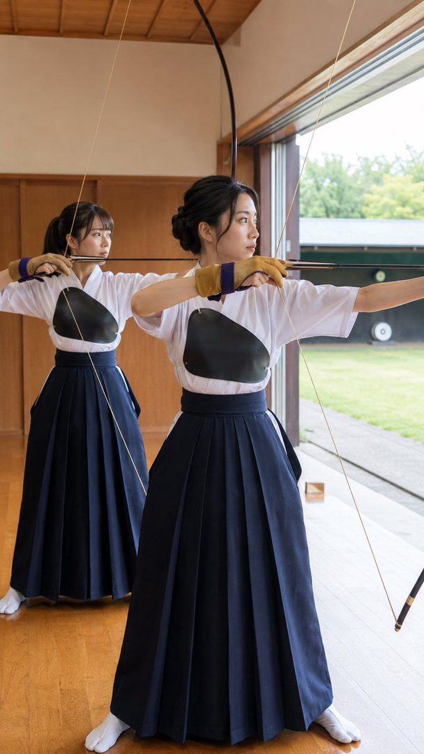 Two Japanese women in traditional kyudo attire practice archery indoors, aiming their bows with focused expressions.
