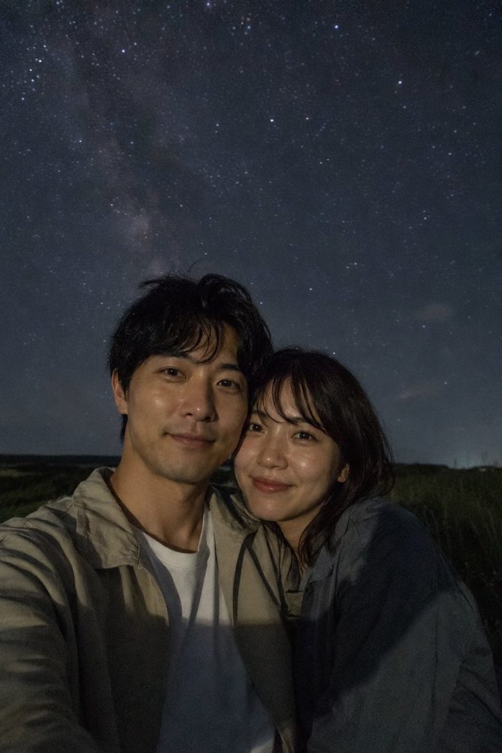 A couple takes a selfie under a starry night sky, with the Milky Way visible above them.