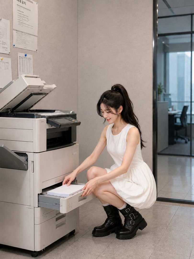 A young woman with dark hair in a high ponytail, wearing a white sleeveless dress and black combat boots, is crouching to load paper into a copier in a modern office.