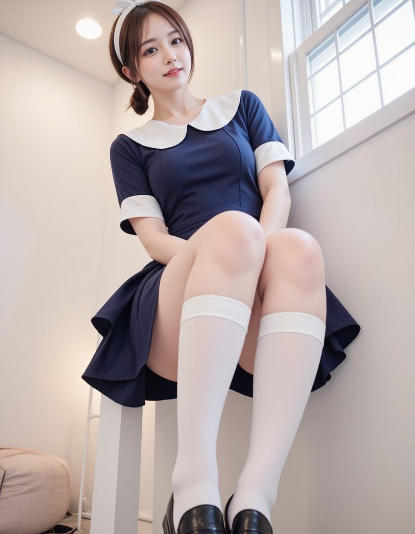 A young woman in a navy dress with a white collar and white knee-high socks sits indoors by a window.