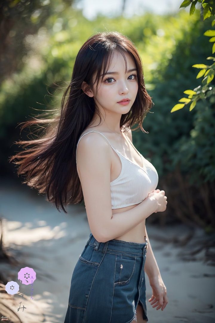 A photorealistic portrait of a young woman with long brown hair, wearing a white crop top and denim skirt, standing outdoors with green foliage in the background.