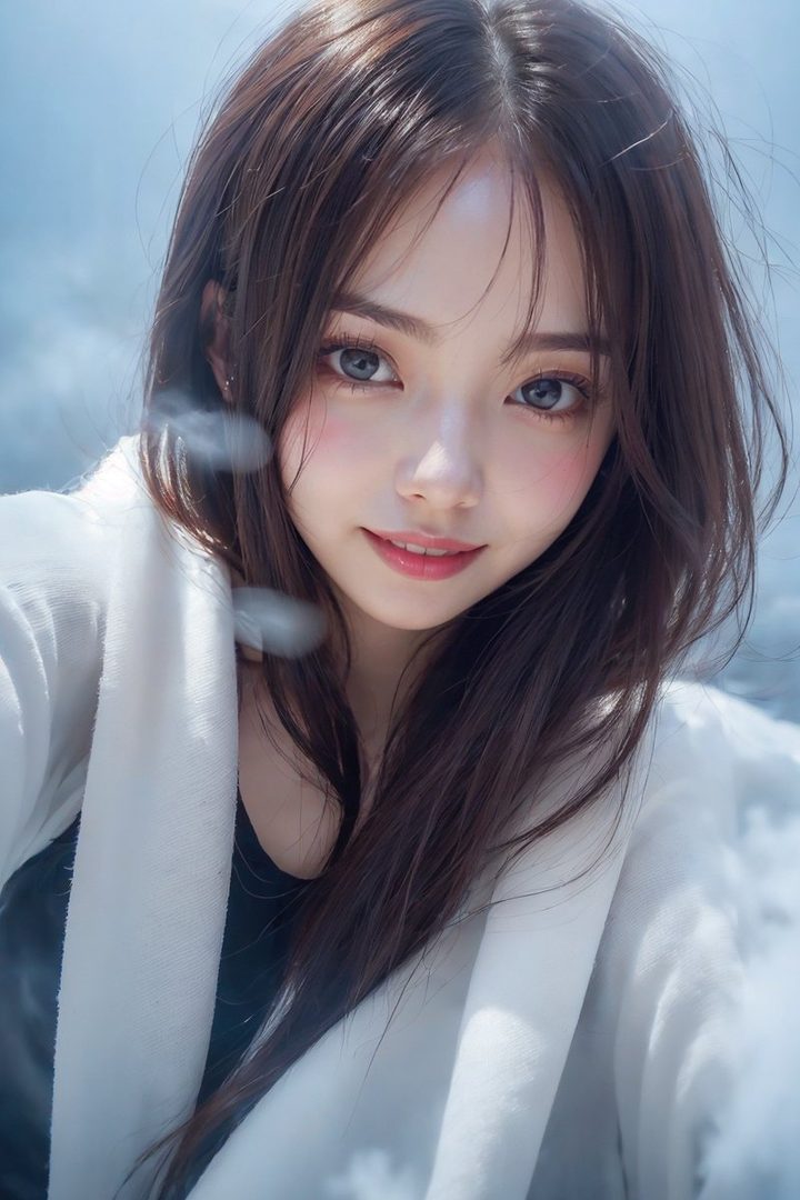 A photorealistic portrait of a young woman with long brown hair and bangs, wearing a white cardigan, looking directly at the viewer with a gentle smile.