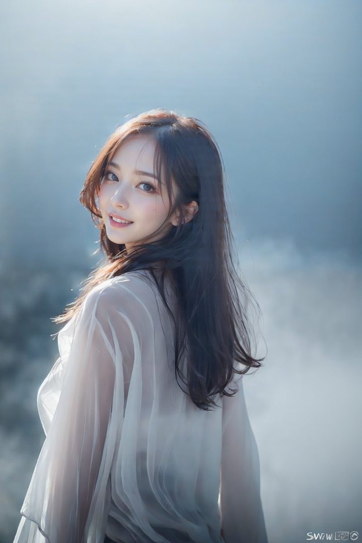 A beautiful woman with long brown hair looks over her shoulder, smiling gently, wearing a sheer white top against a soft, misty background.