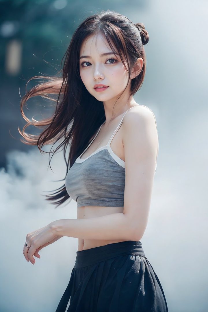 A photorealistic portrait of a young East Asian woman with long brown hair, wearing a grey sports bra and black skirt, standing outdoors with a misty background.