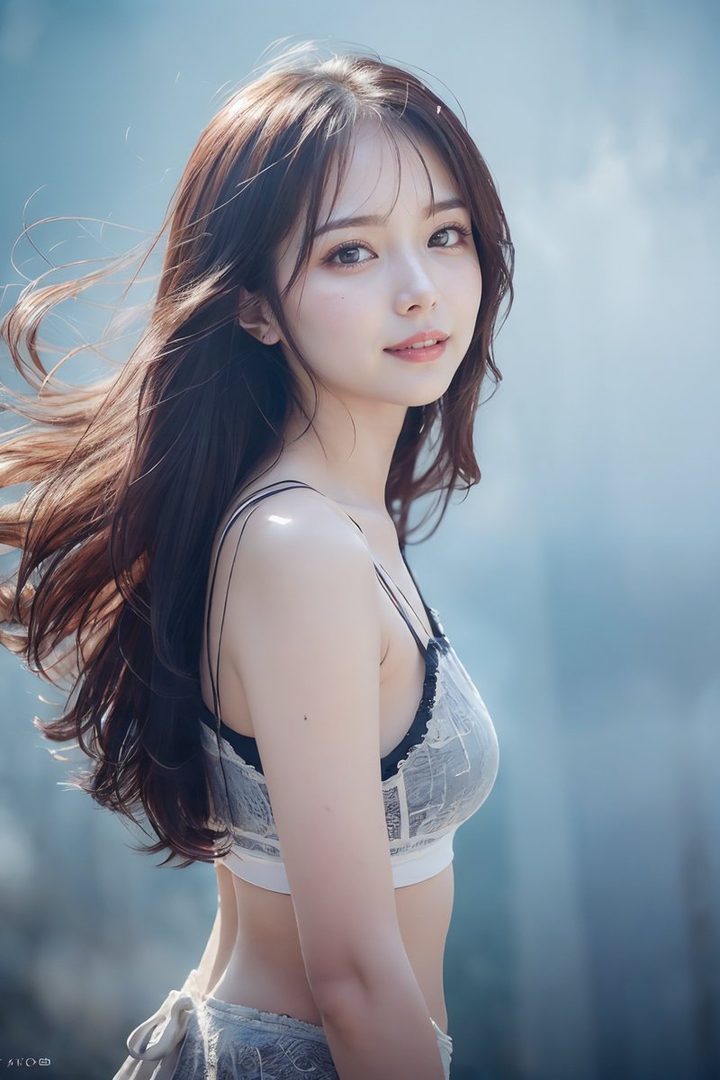 A photorealistic portrait of a young woman with long brown hair and bangs, wearing a delicate top, looking softly at the camera.