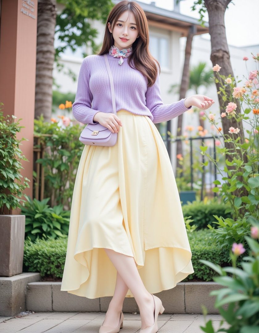 A young woman with long brown hair wears a lavender knit sweater and a pastel yellow midi skirt, posing outdoors among greenery and flowers.