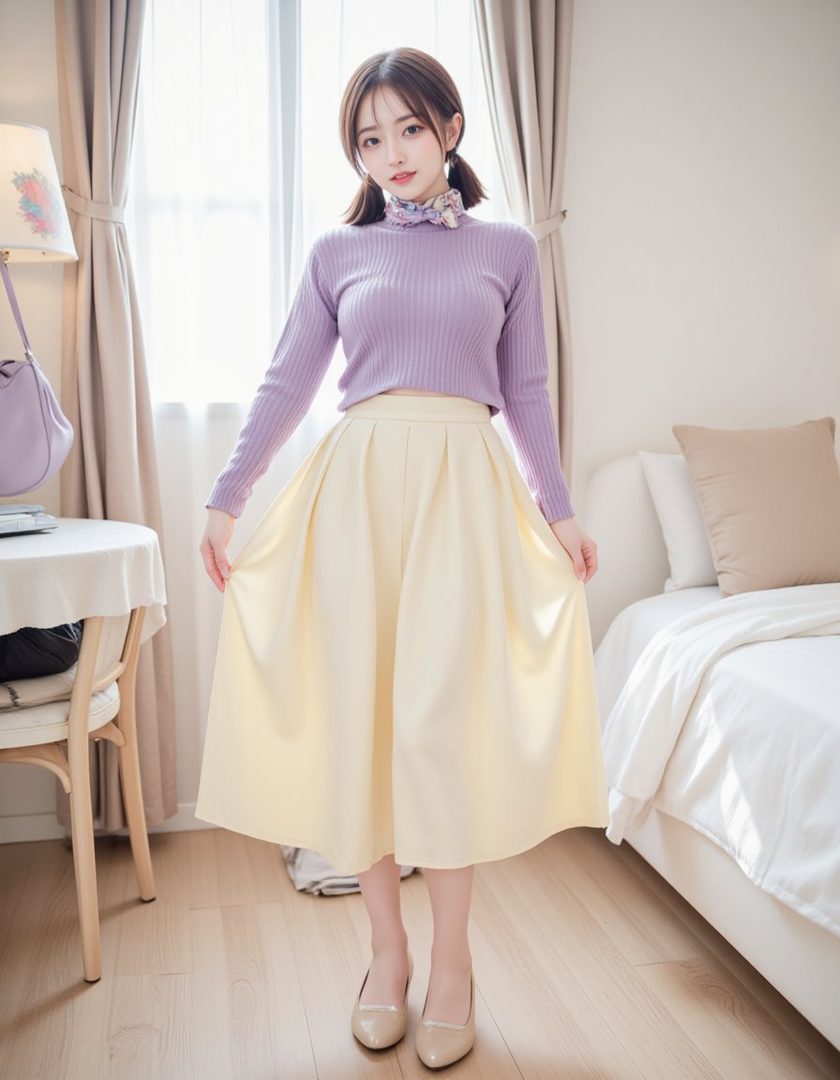 A young woman in a lavender knit sweater and pastel yellow midi skirt poses indoors.