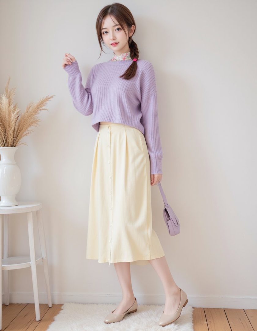 A young woman in a lavender knit sweater and a pastel yellow midi skirt poses indoors.