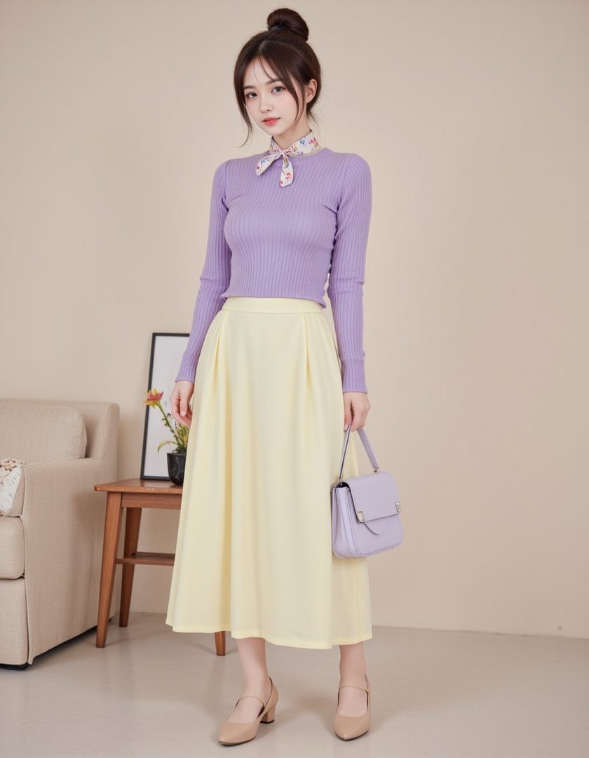 A young woman with brown hair tied in a bun, wearing a lavender knit top, a pastel yellow midi skirt, and nude heels, holding a lavender handbag.
