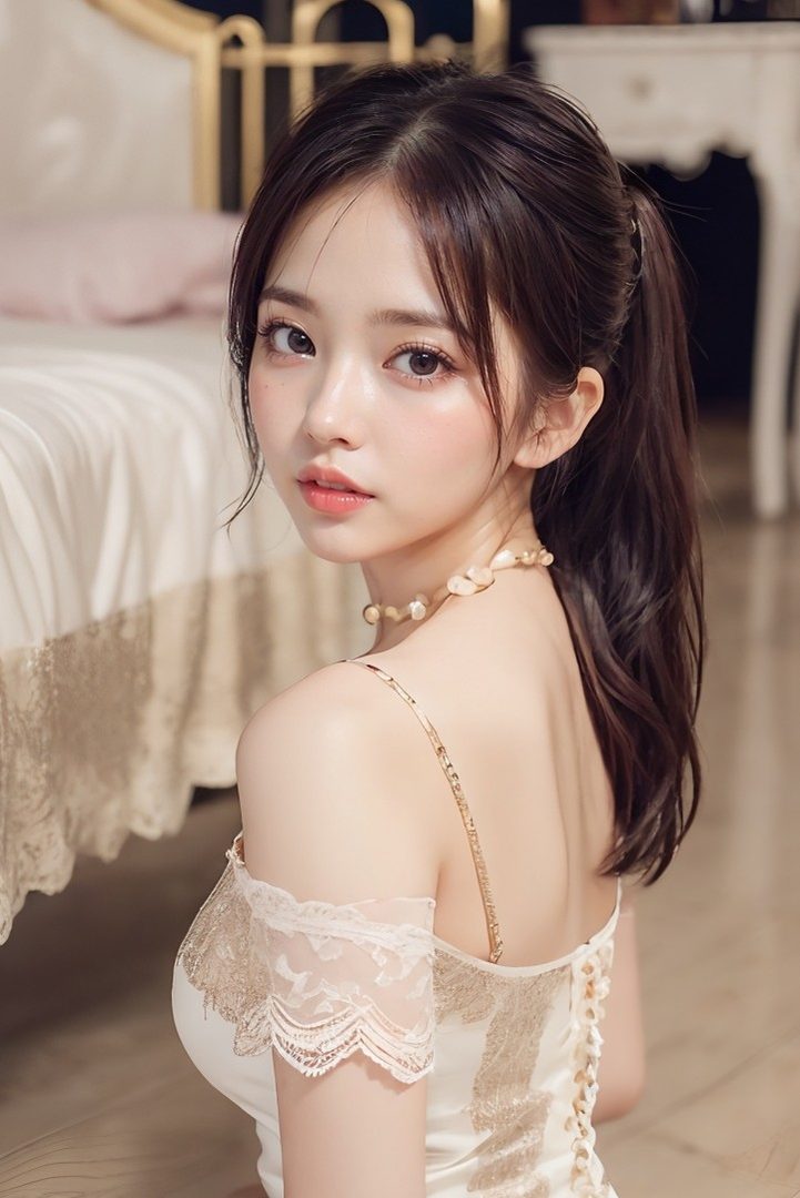 A photorealistic portrait of a young woman with brown hair in a ponytail, wearing a white lace dress and a pearl necklace, looking over her shoulder indoors.