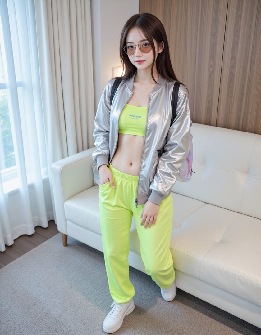 A young woman in a silver bomber jacket, neon green crop top, and matching pants stands indoors.