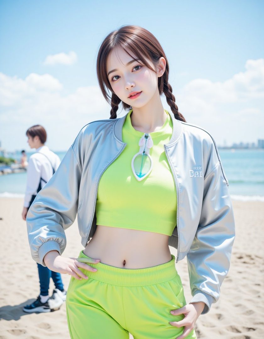 A young woman with braided brown hair wears a silver bomber jacket and neon green crop top and pants on a sunny beach.