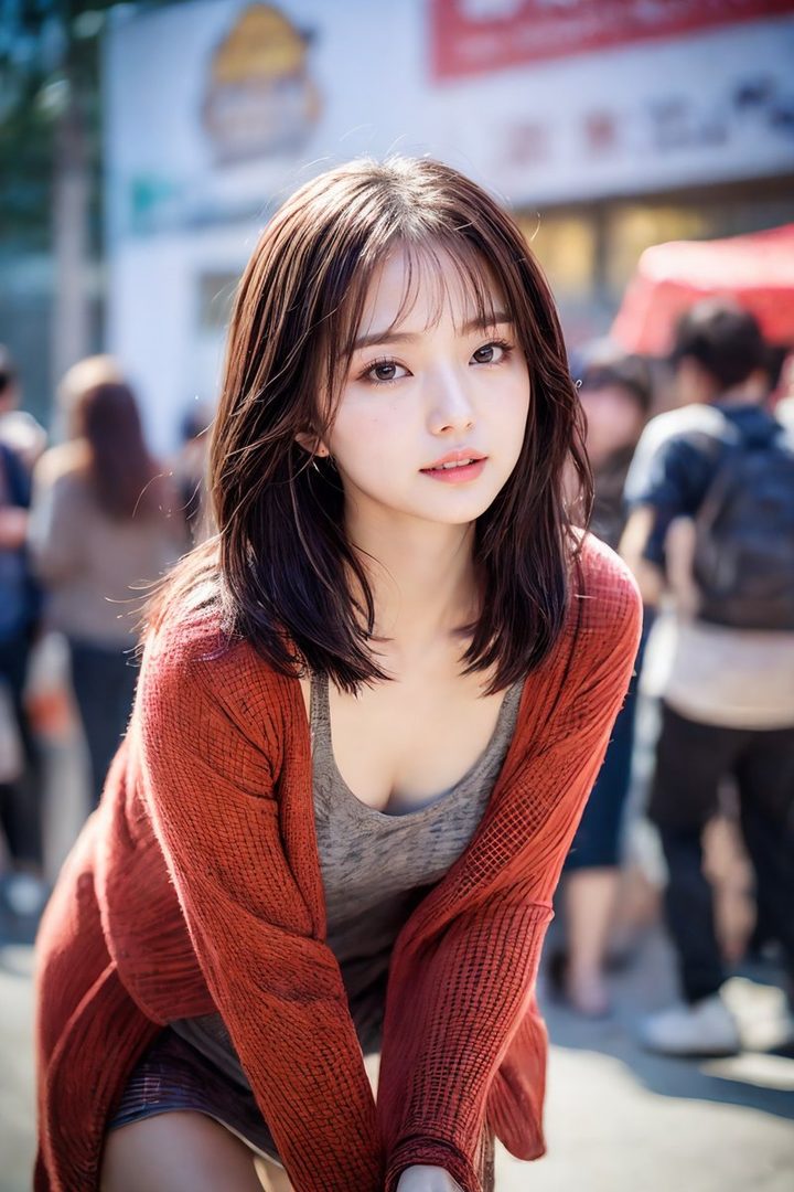 A young woman with long brown hair and bangs, wearing a red cardigan and grey top, poses on a sunny street.