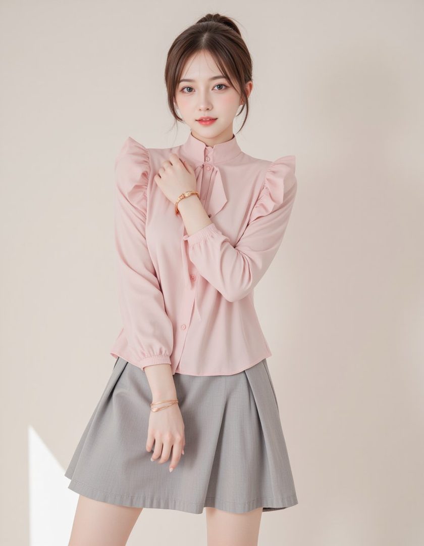 A young woman with brown hair tied up, wearing a pink ruffled blouse and a grey pleated skirt, posing indoors.