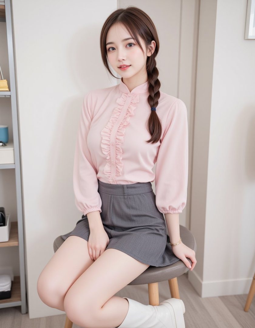 A young woman with a braided hairstyle wears a pink ruffled blouse and a grey skirt, sitting indoors.