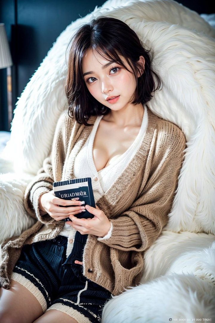 A young woman with short brown hair and a beige cardigan sits on a fluffy white chair, holding a small book.