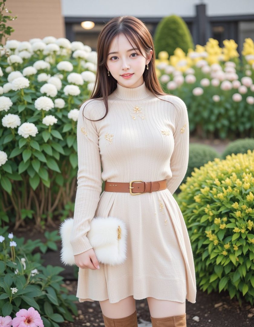 A young woman with long brown hair wears a light beige knit dress with a brown belt and holds a white fur clutch, standing in a garden with white and yellow flowers.