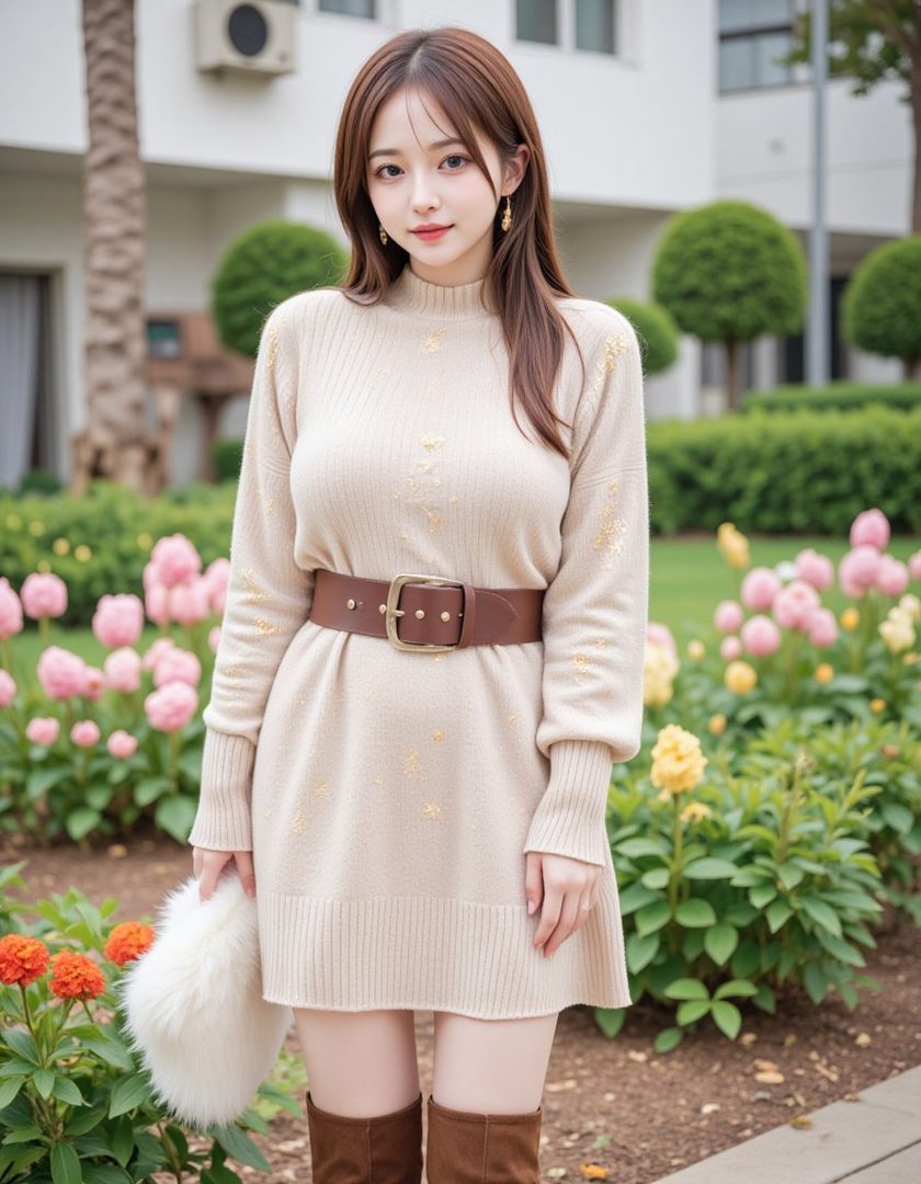 A young woman with long brown hair wears a beige knit dress with a brown belt and boots, standing outdoors in a garden with pink and yellow flowers.