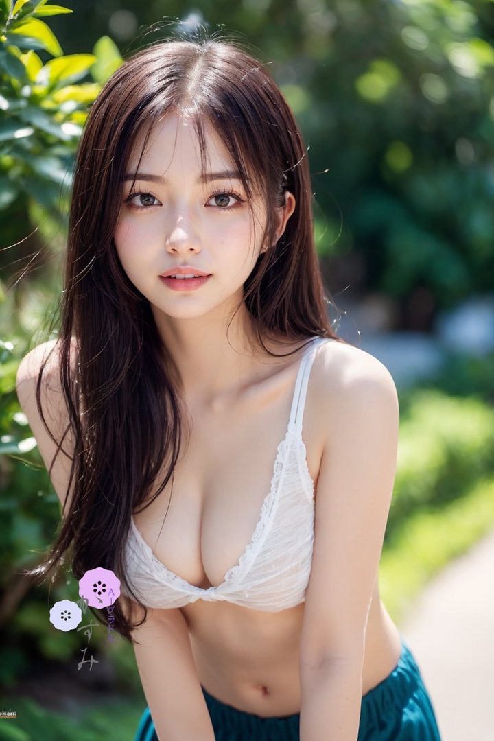 A photorealistic portrait of a young woman with long brown hair, wearing a white lace bra and teal shorts, posing outdoors with green foliage in the background.