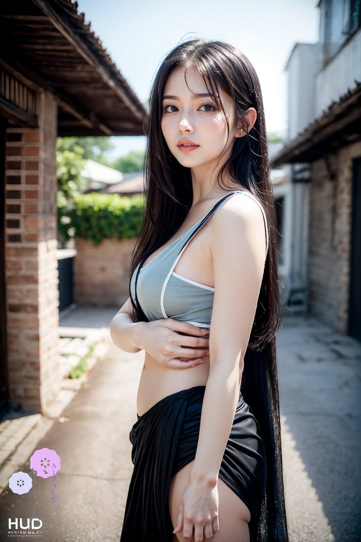 A photorealistic portrait of a young woman with long black hair, wearing a gray sports bra and black skirt, standing in a narrow outdoor alleyway.