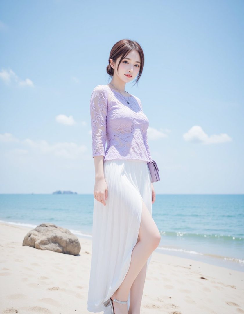 A young woman in a lavender lace top and white pleated skirt stands on a sandy beach with the ocean in the background.
