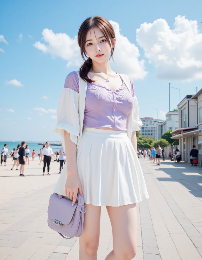 A young woman with brown hair in a ponytail wears a lavender top and white pleated skirt, holding a matching lavender clutch, standing on a paved walkway with people and buildings in the background under a blue sky.