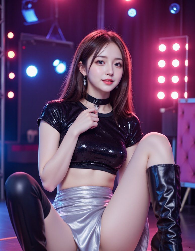 A woman with long brown hair and a black sequin crop top sits in a silver skirt and black boots in a club-like setting with neon lights.
