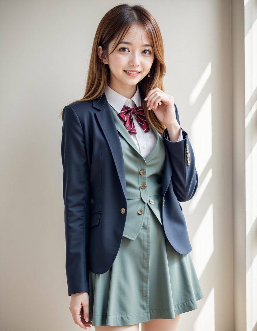 A young woman in a school uniform, featuring a navy blazer, white shirt, red bow tie, and green skirt, smiles gently indoors with natural light.