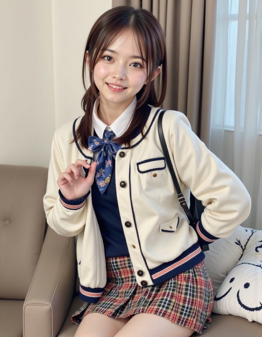 A young woman with brown hair and bangs, wearing a school uniform with a plaid skirt and a cream-colored jacket, smiles at the camera while sitting indoors.