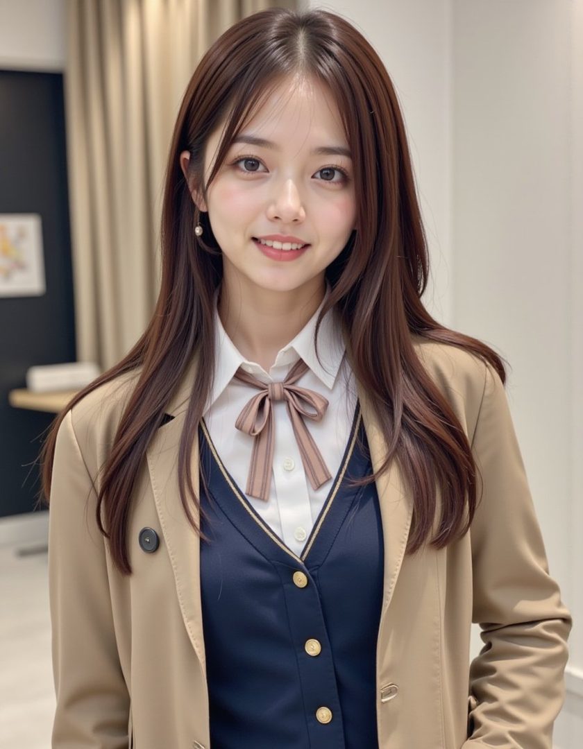 A young woman with long brown hair smiles gently while wearing a school uniform consisting of a white shirt, a navy vest, and a beige blazer.