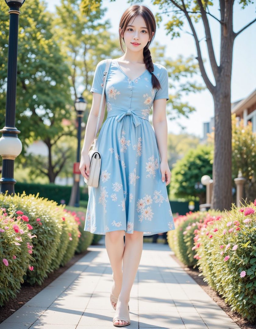 A young woman in a light blue floral dress with a braided hairstyle walks outdoors on a sunny day.