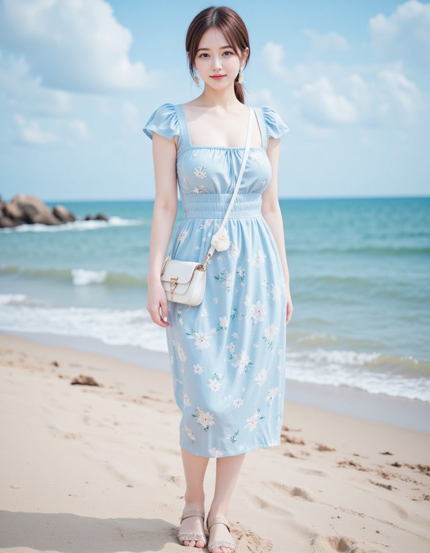 A young woman in a light blue floral dress stands on a sandy beach with the ocean in the background.