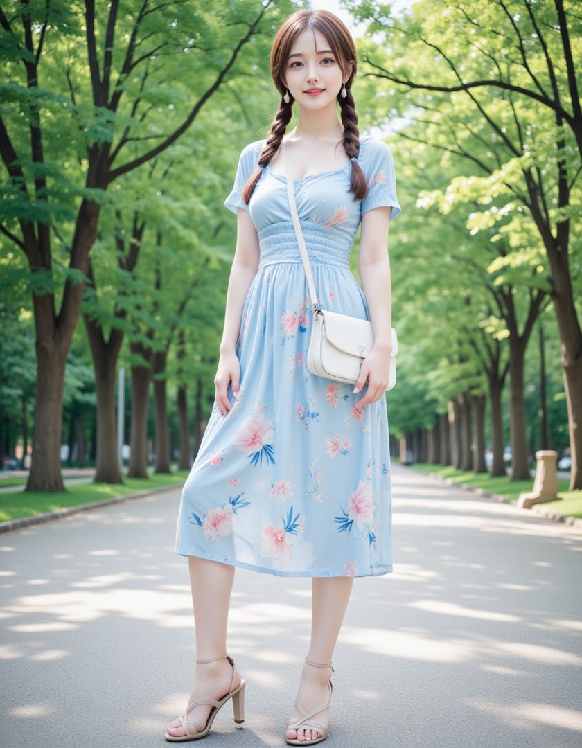 A young woman with braided brown hair wears a light blue floral midi dress and nude strappy sandals while standing on a tree-lined path.