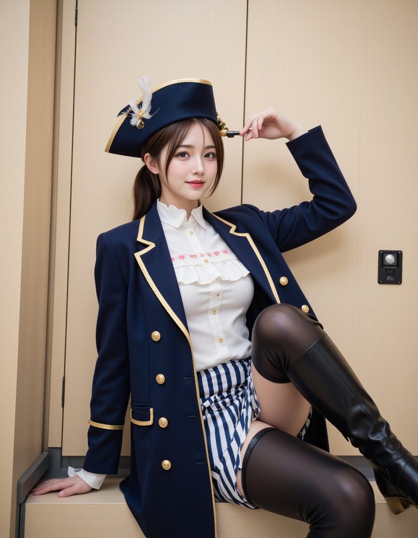 A woman in a blue coat, white ruffled shirt, striped shorts, and black boots, wearing a tricorn hat and holding a small telescope.