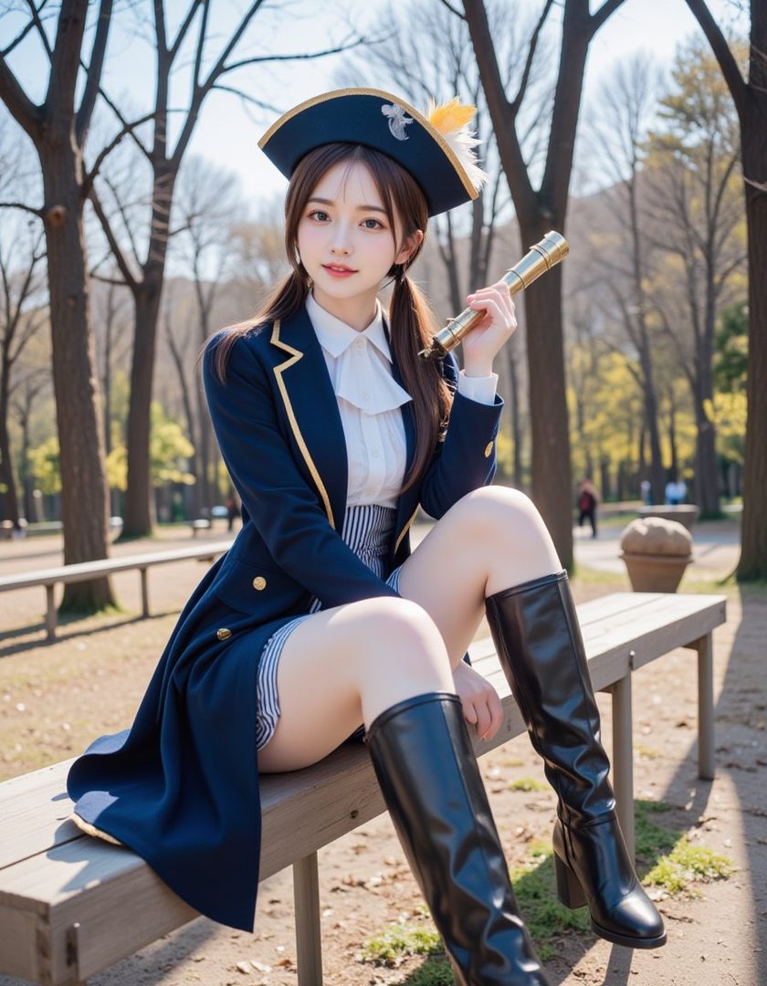 A young woman in a navy blue coat, white ruffled shirt, striped skirt, and black boots sits on a park bench, holding a telescope.
