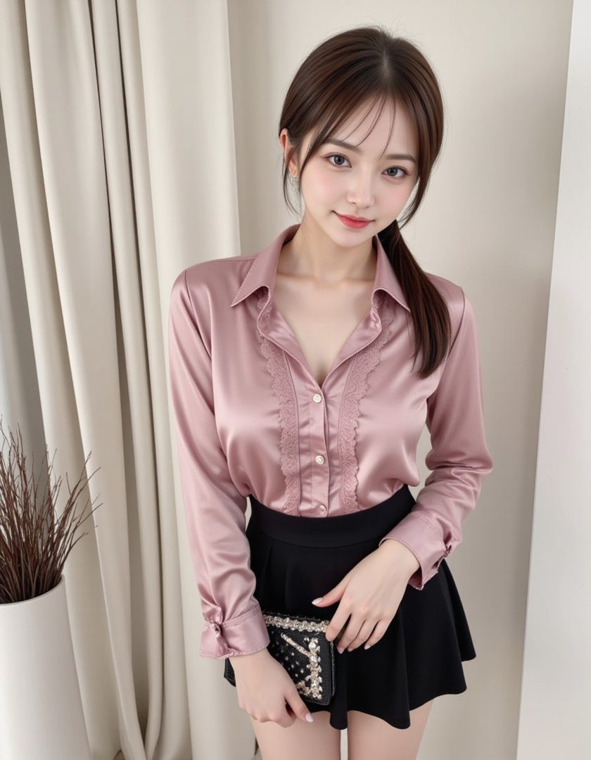 A young woman with brown hair in a ponytail wears a pink satin blouse and a black mini skirt, holding a clutch bag.