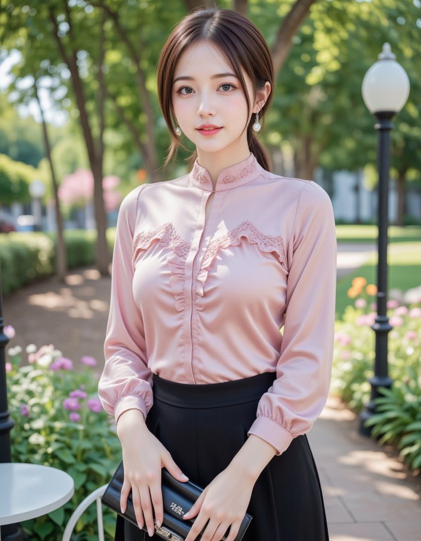 A young woman with brown hair wears a pink satin blouse and black skirt, holding a clutch bag outdoors.